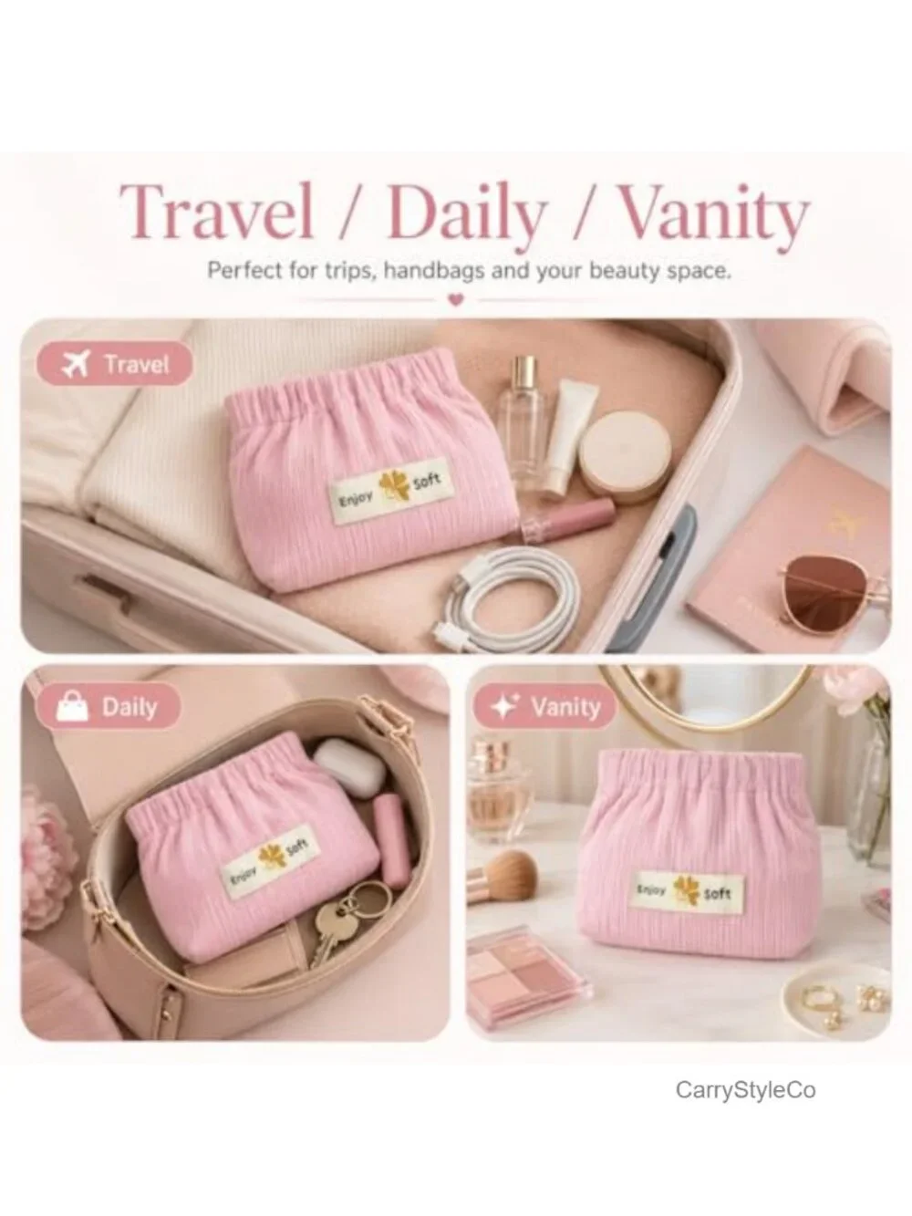3pcs Corduroy Makeup Bags Set, Travel Cosmetic Organizers, Soft Pouch for Purse